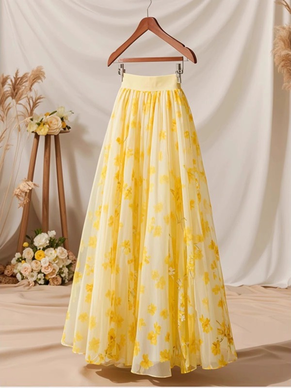 Falda Midi Amarilla de Cintura - Midi Skirt Floral reseña y precio